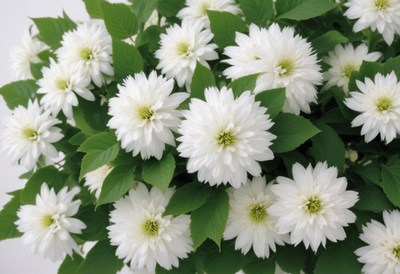 Vibrant white flowers in full bloom with lush green leaves