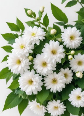 Beautiful white flowers with green leaves in a bouquet