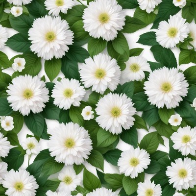 White flowers and green leaves form a vibrant pattern