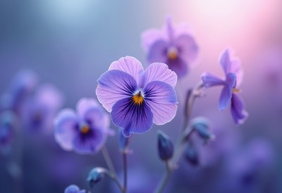 Vibrant purple flowers blooming in soft spring light