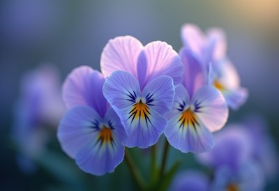 Blooming purple pansies in soft morning light
