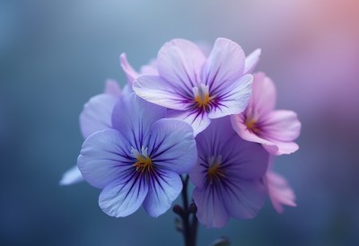 Purple violets blurred against a blue backdrop