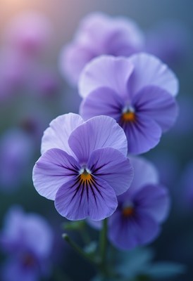 Vibrant purple pansy flowers in a serene garden setting