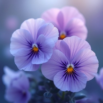 Purple pansies bloom in a garden under soft light