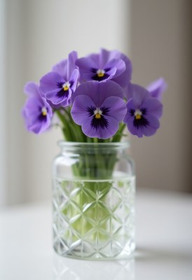 Bright purple flowers arranged in a decorative jar
