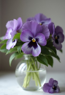 Purple pansies arranged in a glass vase on a table