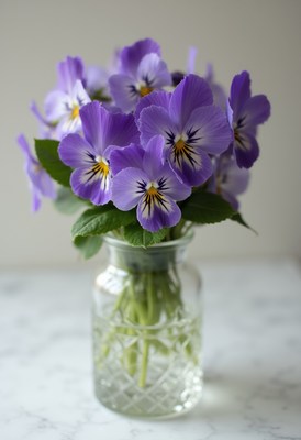 Bright purple pansies arranged in a clear glass vase
