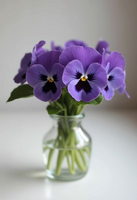 Vibrant purple pansies in a clear glass vase