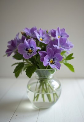 Beautiful purple pansies arranged in a glass vase