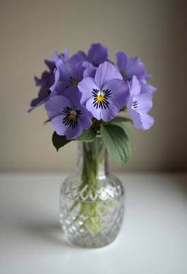 Purple pansies in a decorative vase on a table