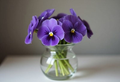 Purple pansies in a clear vase on a table