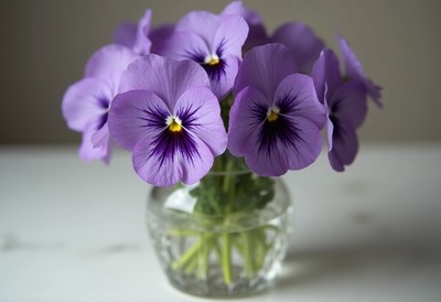 Beautiful purple pansies in a glass vase on a table