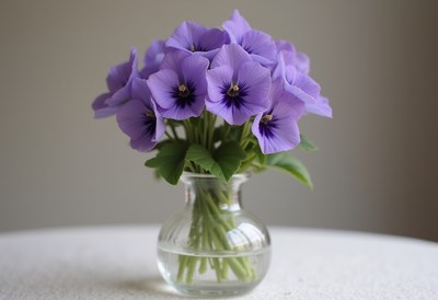 Purple flowers in a crystal vase on a table