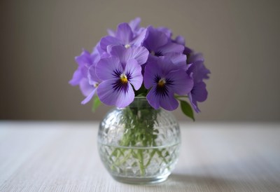Purple flowers in a clear vase on a light surface