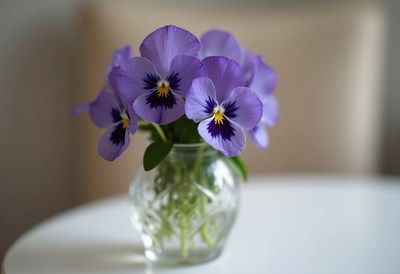 Purple pansies in a glass vase on a white table