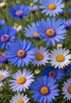 Vibrant blue and white flowers bloom in a lush field