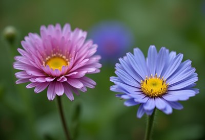 Beautiful pink and blue flowers bloom in the garden