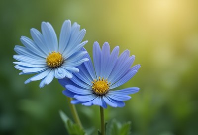 Beautiful blue daisies blooming in warm sunlight