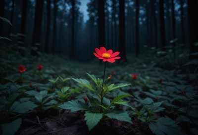 Red flower blooming in dark forest during twilight hours