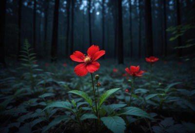 Bright red flower blooms in dark forest setting at twilight