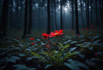 Vibrant red flowers bloom in a misty forest setting