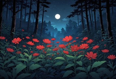 Moonlit forest with vibrant red flowers in evening