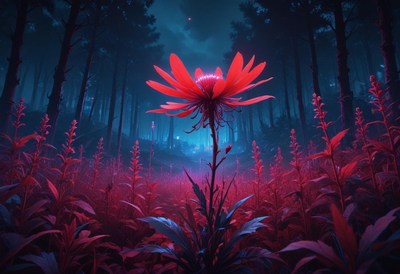 Vibrant red flower in a mystical forest setting
