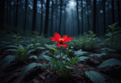 Red flower blooms in a misty forest at dawn