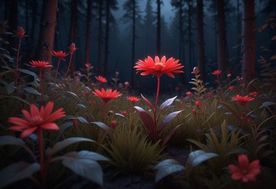 Flowers bloom brightly in a mystical forest setting