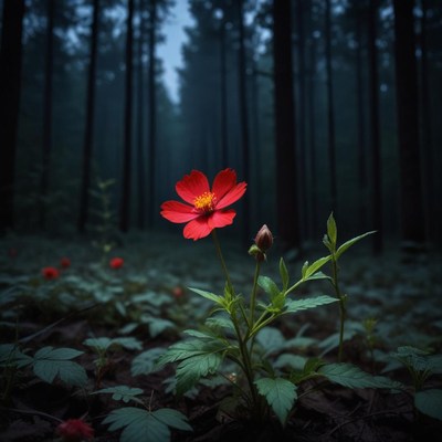 Red flower blooms in a misty forest during twilight