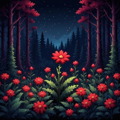 Vibrant red flowers blooming under a starry night sky