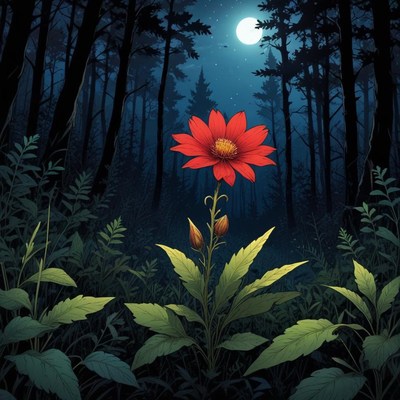 Bright red flower stands out in dark forest at night