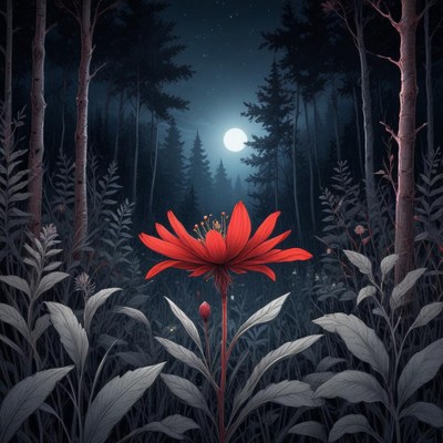 Red flower blooms in a dark forest under the moonlight