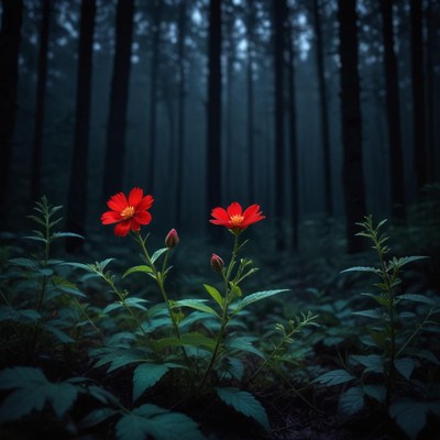 Bright red flowers bloom in a dark forest setting