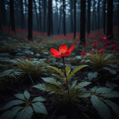 Red flower blooms in a misty forest landscape