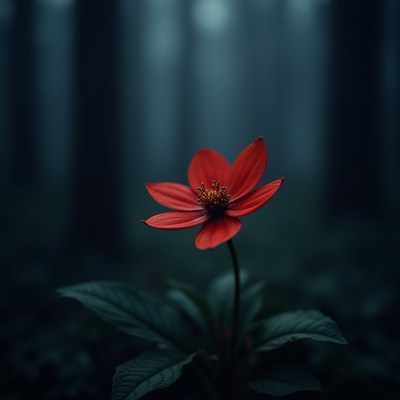 Bright red flower stands alone in a dark forest