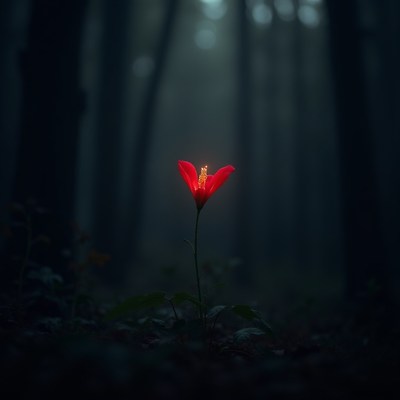 Flower glowing softly in dim forest at dusk