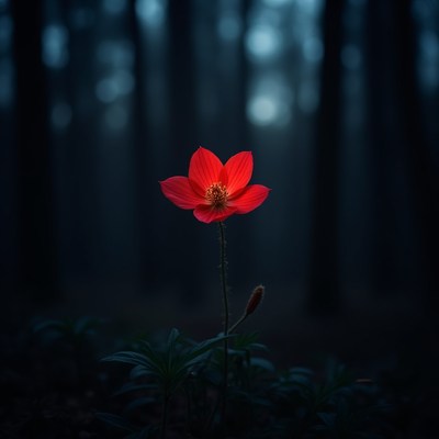 Bright red flower stands out in dark forest