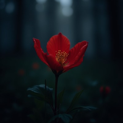 Red flower blooming in a dim forest setting