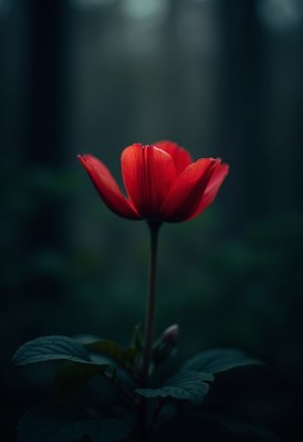 Bright red flower stands out in dark forest