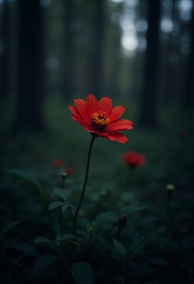Bright red flower stands out in dark forest