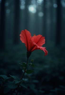 Red hibiscus flower in a misty forest setting