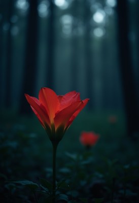 Vibrant red flower blooms in a misty forest setting