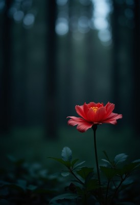Stunning red flower blooms in dark forest setting