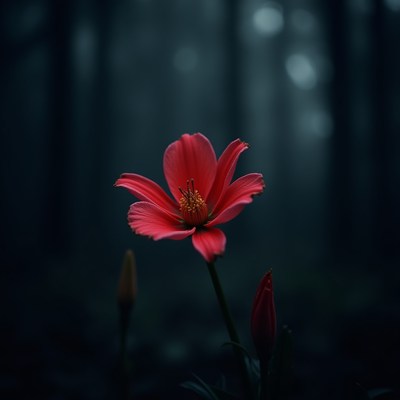 Bright red flower blooming in a dark forest setting