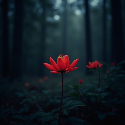 Red flowers bloom in a dark forest setting