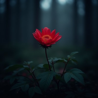 Red flower stands out in dark forest background