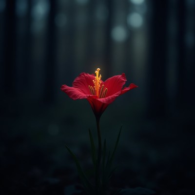 Bright red flower stands out in dark forest setting