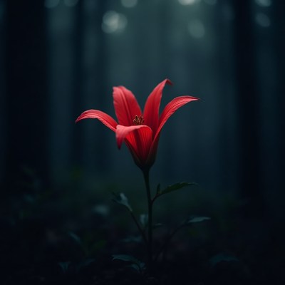 Vibrant red flower stands out in dark forest setting