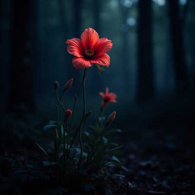 Vibrant red flower blooms in dark forest setting